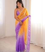 Lavender colour fendy satin sequins embroidered saree with unstitched blouse