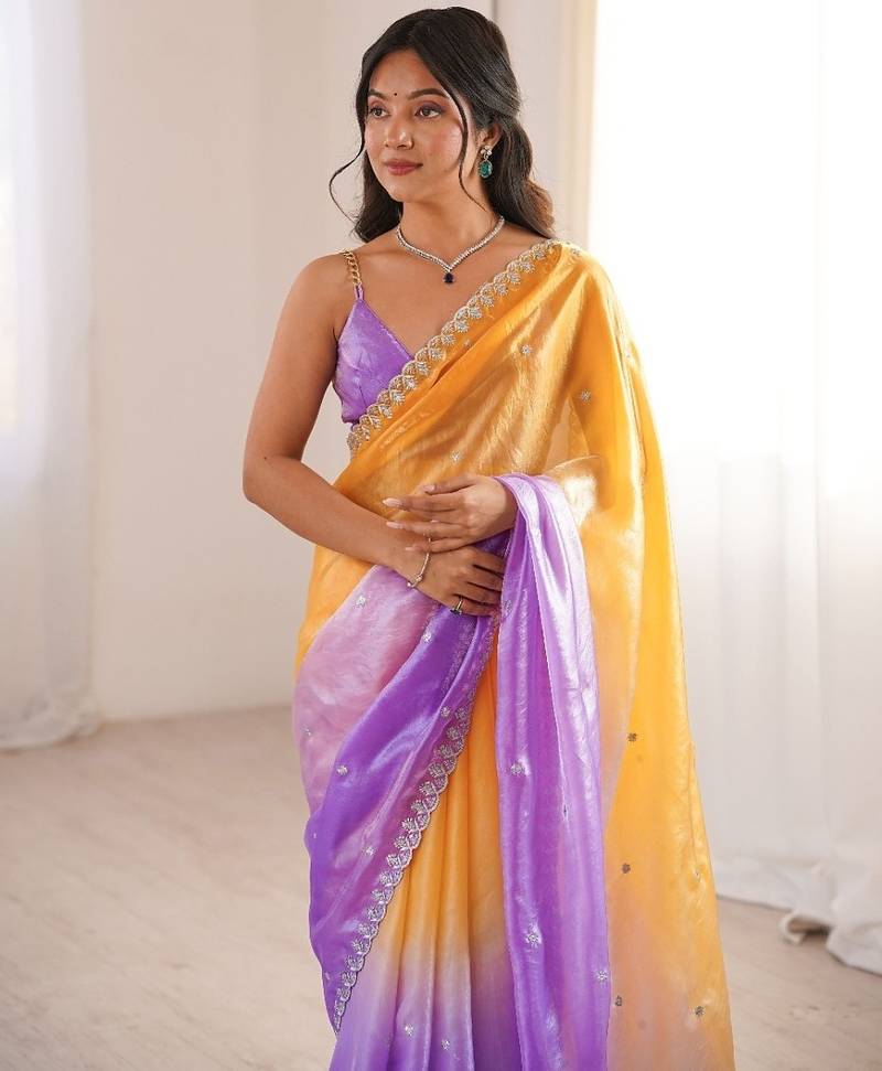 Lavender colour fendy satin sequins embroidered saree with unstitched blouse