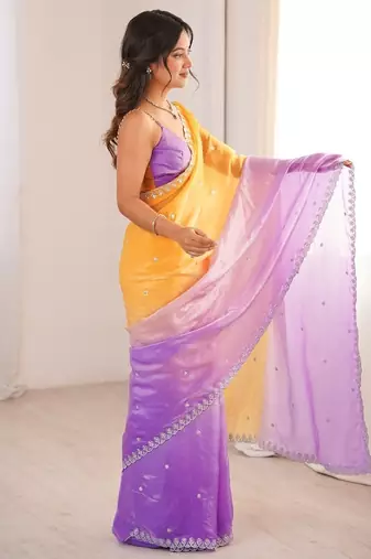 Lavender colour fendy satin sequins embroidered saree with unstitched blouse