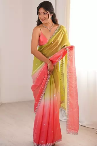 Coral colour fendy satin sequins embroidered saree with unstitched blouse