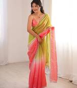 Coral colour fendy satin sequins embroidered saree with unstitched blouse