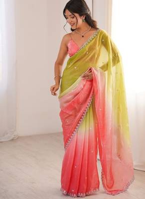 Coral colour fendy satin sequins embroidered saree with unstitched blouse 2