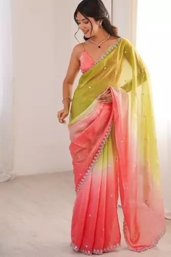 Coral colour fendy satin sequins embroidered saree with unstitched blouse