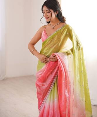 Coral colour fendy satin sequins embroidered saree with unstitched blouse 3
