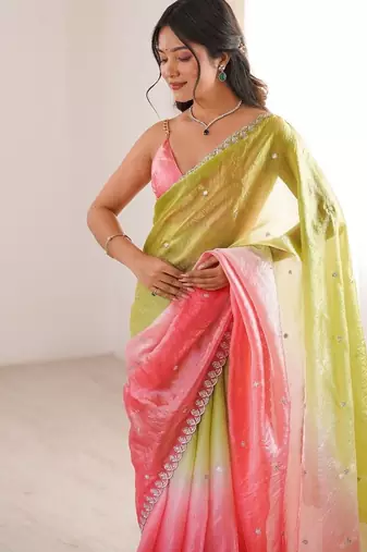 Coral colour fendy satin sequins embroidered saree with unstitched blouse