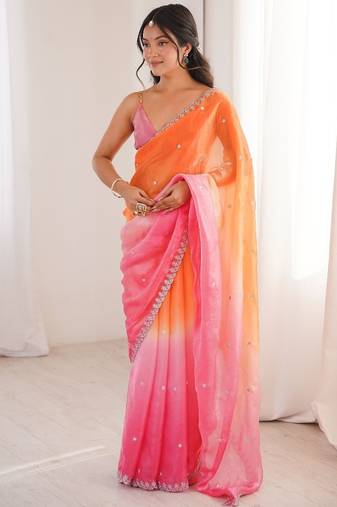 Pink colour fendy satin sequins embroidered saree with unstitched blouse