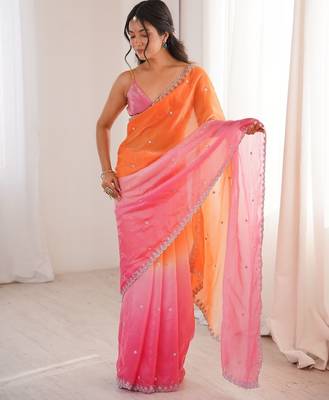 Pink colour fendy satin sequins embroidered saree with unstitched blouse 2