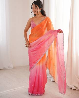 Pink colour fendy satin sequins embroidered saree with unstitched blouse 4