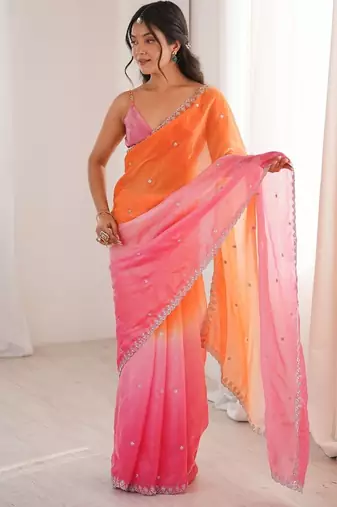 Pink colour fendy satin sequins embroidered saree with unstitched blouse