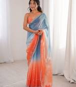 Sky blue colour fendy satin sequins embroidered saree with unstitched blouse