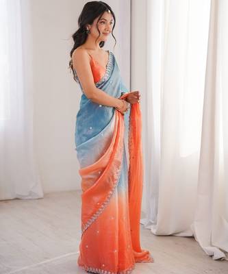 Sky blue colour fendy satin sequins embroidered saree with unstitched blouse 2