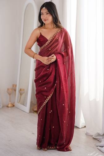 Maroon colour fendy satin sequins embroidered saree with unstitched blouse