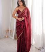 Maroon colour fendy satin sequins embroidered saree with unstitched blouse