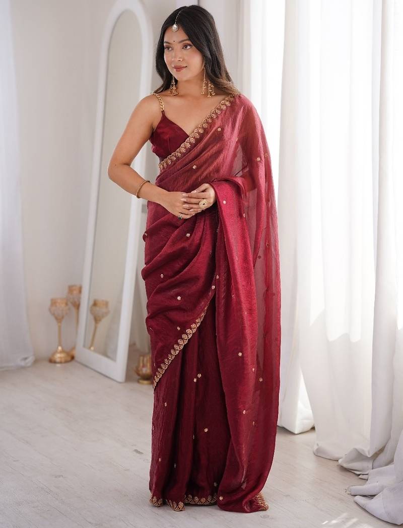 Maroon colour fendy satin sequins embroidered saree with unstitched blouse
