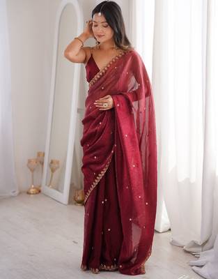 Maroon colour fendy satin sequins embroidered saree with unstitched blouse 2