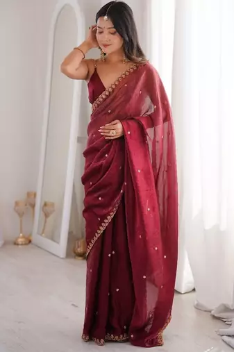 Maroon colour fendy satin sequins embroidered saree with unstitched blouse