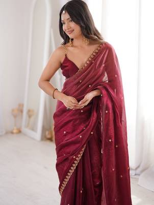 Maroon colour fendy satin sequins embroidered saree with unstitched blouse 3