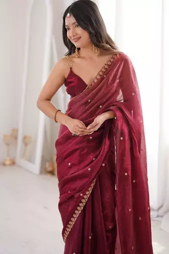 Maroon colour fendy satin sequins embroidered saree with unstitched blouse