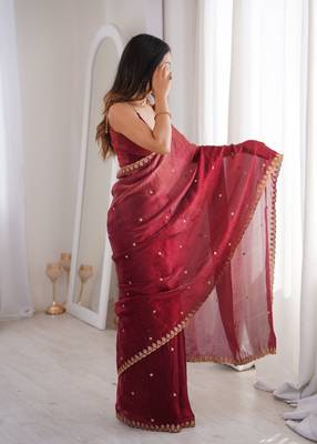 Maroon colour fendy satin sequins embroidered saree with unstitched blouse 4