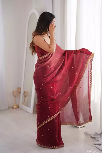 Maroon colour fendy satin sequins embroidered saree with unstitched blouse