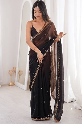 Black colour fendy satin sequins embroidered saree with unstitched blouse