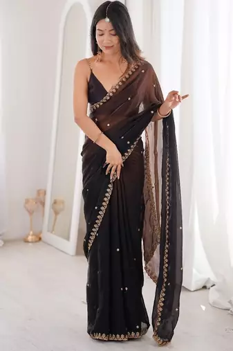 Black colour fendy satin sequins embroidered saree with unstitched blouse