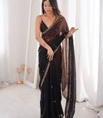 Black colour fendy satin sequins embroidered saree with unstitched blouse