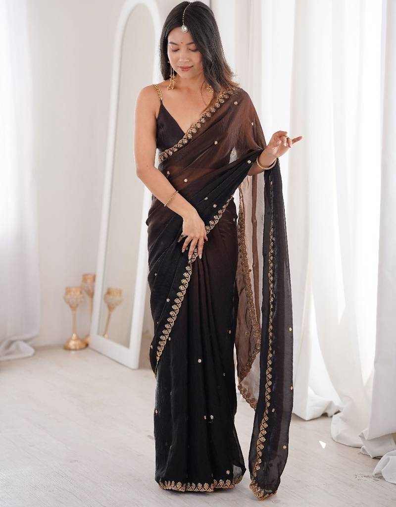 Black colour fendy satin sequins embroidered saree with unstitched blouse