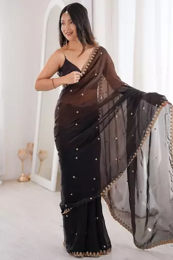 Black colour fendy satin sequins embroidered saree with unstitched blouse