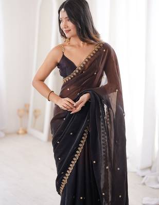 Black colour fendy satin sequins embroidered saree with unstitched blouse 3