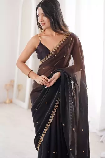 Black colour fendy satin sequins embroidered saree with unstitched blouse