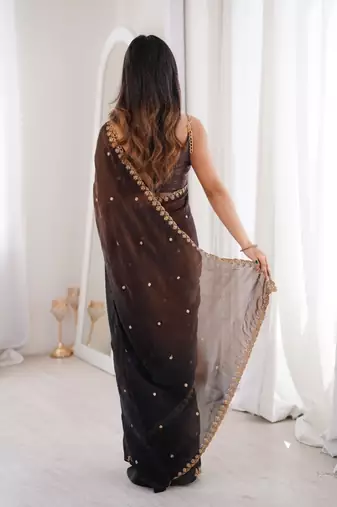 Black colour fendy satin sequins embroidered saree with unstitched blouse