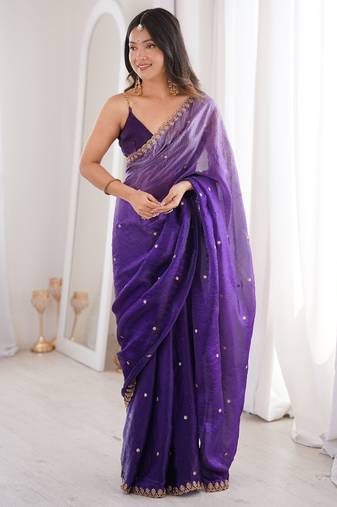 Purple colour fendy satin sequins embroidered saree with unstitched blouse