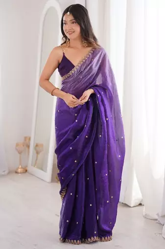 Purple colour fendy satin sequins embroidered saree with unstitched blouse