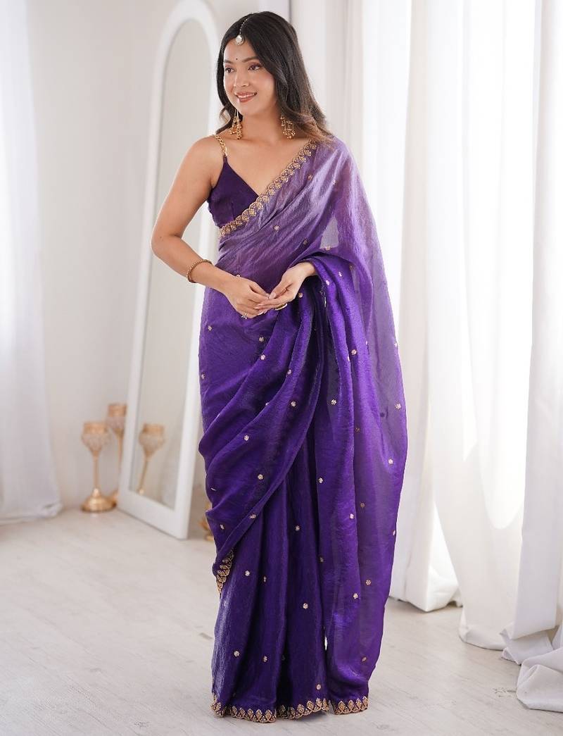 Purple colour fendy satin sequins embroidered saree with unstitched blouse