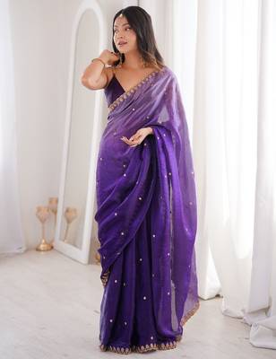 Purple colour fendy satin sequins embroidered saree with unstitched blouse 2