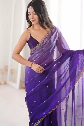 Purple colour fendy satin sequins embroidered saree with unstitched blouse