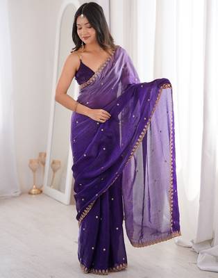 Purple colour fendy satin sequins embroidered saree with unstitched blouse 4