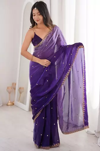 Purple colour fendy satin sequins embroidered saree with unstitched blouse