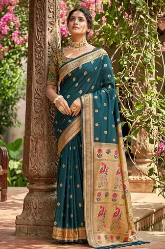 Teal colour soft silk blend saree with running blouse