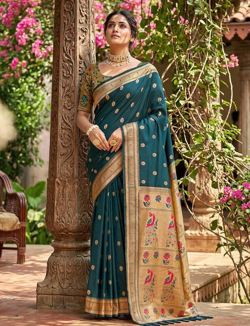 Teal colour soft silk blend saree with running blouse