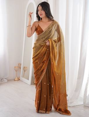 Gold colour fendy satin sequins embroidered saree with unstitched blouse 1