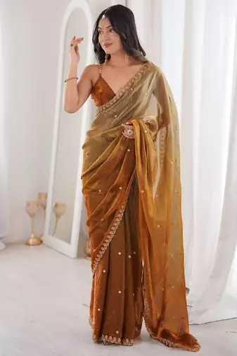 Gold colour fendy satin sequins embroidered saree with unstitched blouse