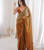 Gold colour fendy satin sequins embroidered saree with unstitched blouse