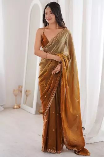 Gold colour fendy satin sequins embroidered saree with unstitched blouse