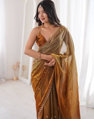 Gold colour fendy satin sequins embroidered saree with unstitched blouse 3
