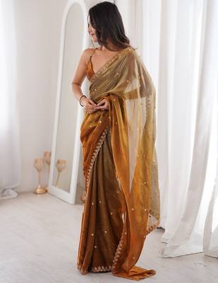 Gold colour fendy satin sequins embroidered saree with unstitched blouse 4