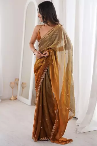 Gold colour fendy satin sequins embroidered saree with unstitched blouse