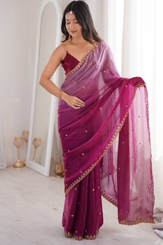 Wine colour fendy satin sequins embroidered saree with unstitched blouse