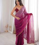 Wine colour fendy satin sequins embroidered saree with unstitched blouse